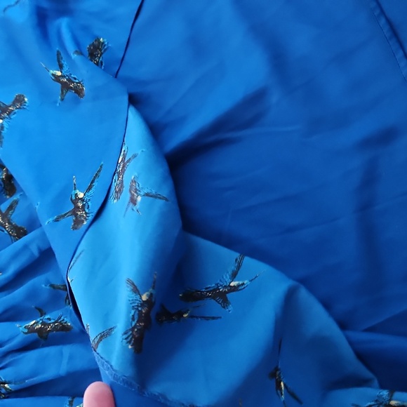 Kensie Blue A-Line Mini Dress, Cap Sleeves, Hummingbird Pattern, Belt, Zipper - Picture 6 of 12